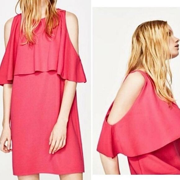 Zara Dress Pink Layered Cold Shoulder Mini Shift Dress Size S - Picture 1 of 9